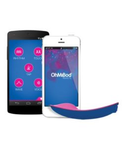 OhMiBod NEX1 BlueMotion Vibe Vibrator on table next to mobile devices