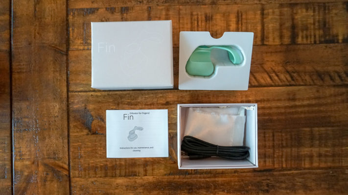 Fin by Dame products inside the box contents on brown table