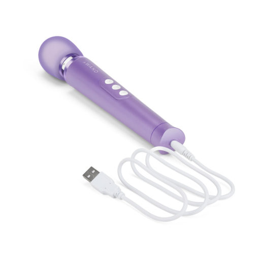 Le Wand Petite Violet with charger cord plugged in