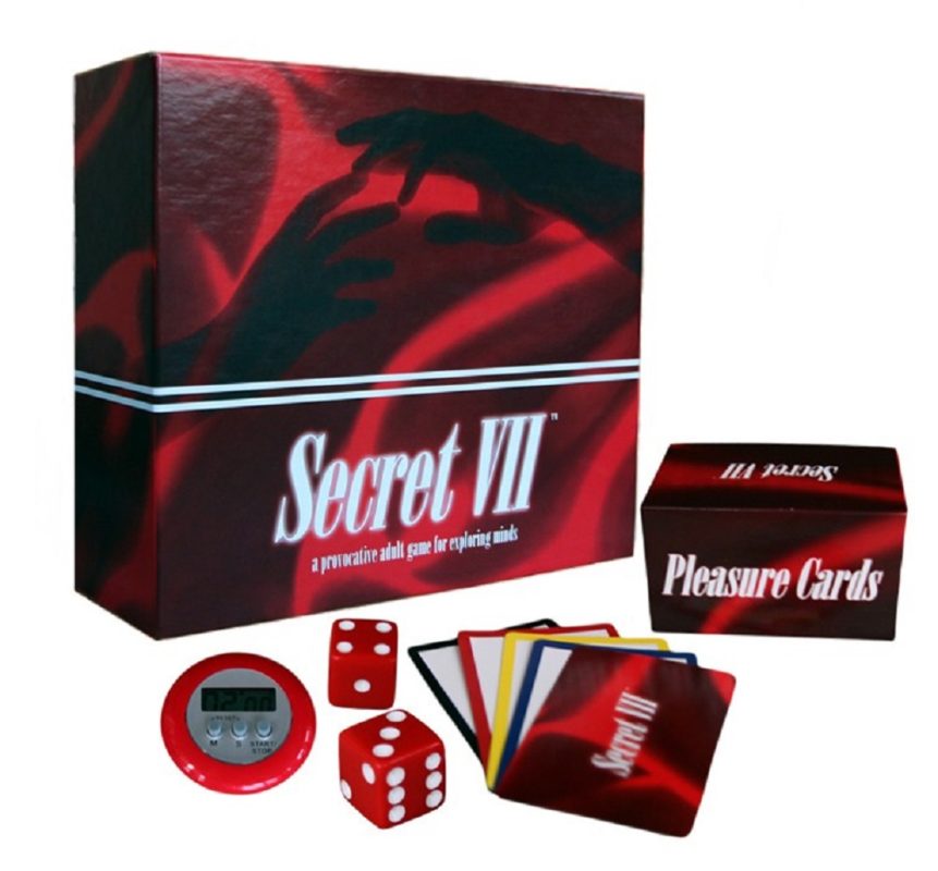 Secret Vii Couples Card Game with timer, dice, and pleasure cards on white background
