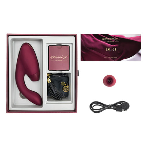 womanizer duo burgundy color in box with pouch and charge cable