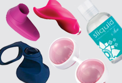 womens sex toys with kegel balls, lubricant, and clitoral vibrators